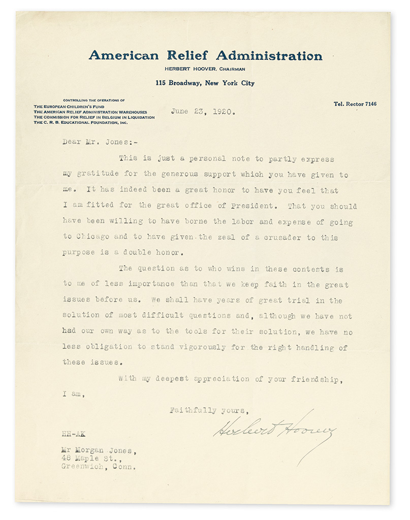 HOOVER, HERBERT. Typed Letter Signed, as Chairman of the American Relief Association, to Morgan Jones,